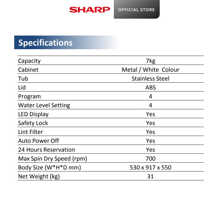 SHARP 7Kg Top Load Washer ES718X