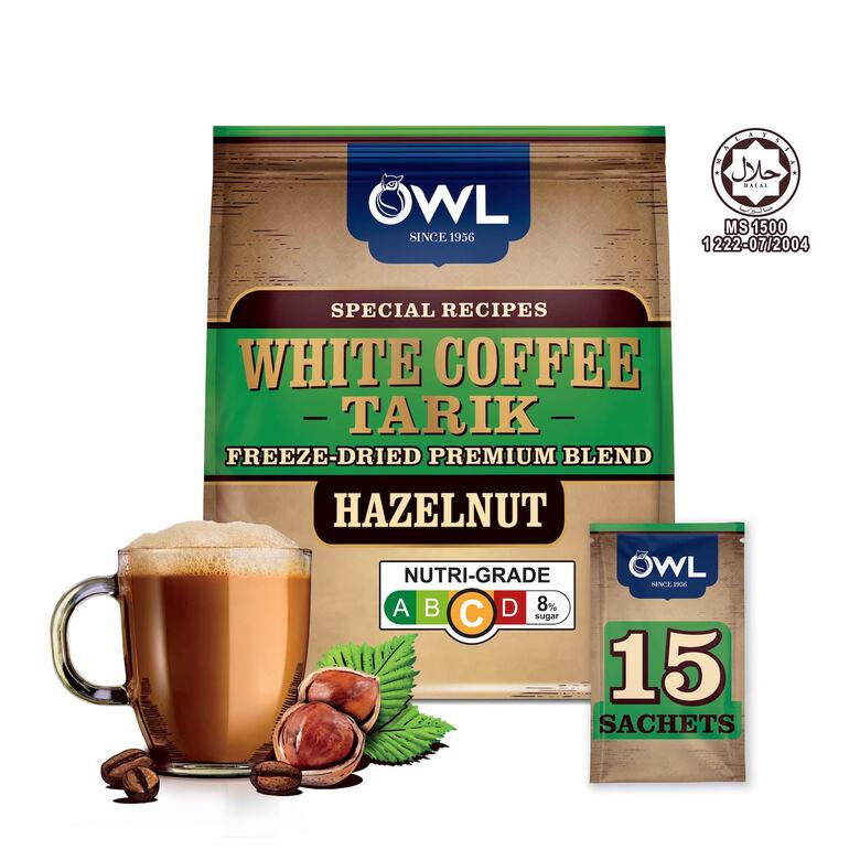 OWL 3in1 Instant White Coffee Tarik - Hazelnut, 15 sachets