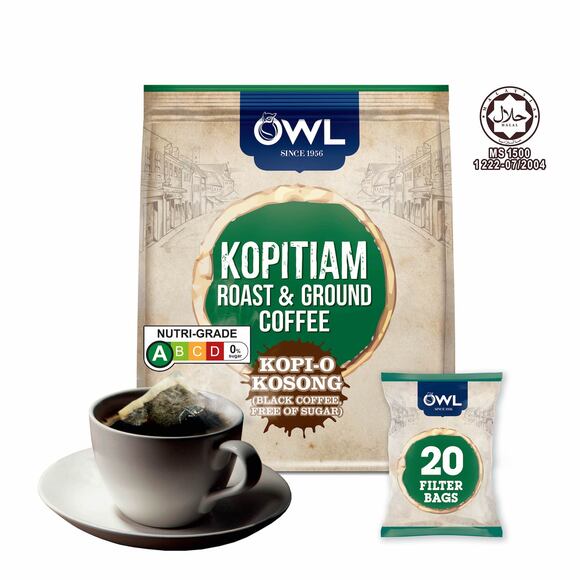 OWL Kopitiam Roast & Ground Coffee Kopi-O Kosong, 20 sachets