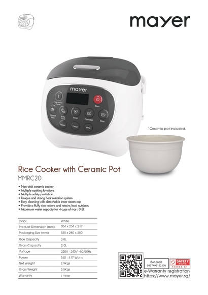 Mayer 2.0L Rice Cooker with Ceramic Pot