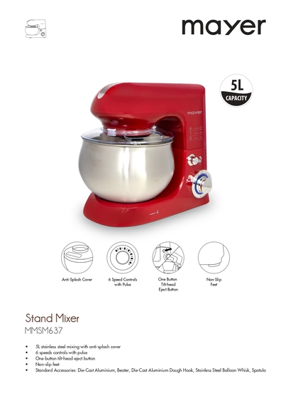 Mayer 5L Stand Mixer, Red, 1300W