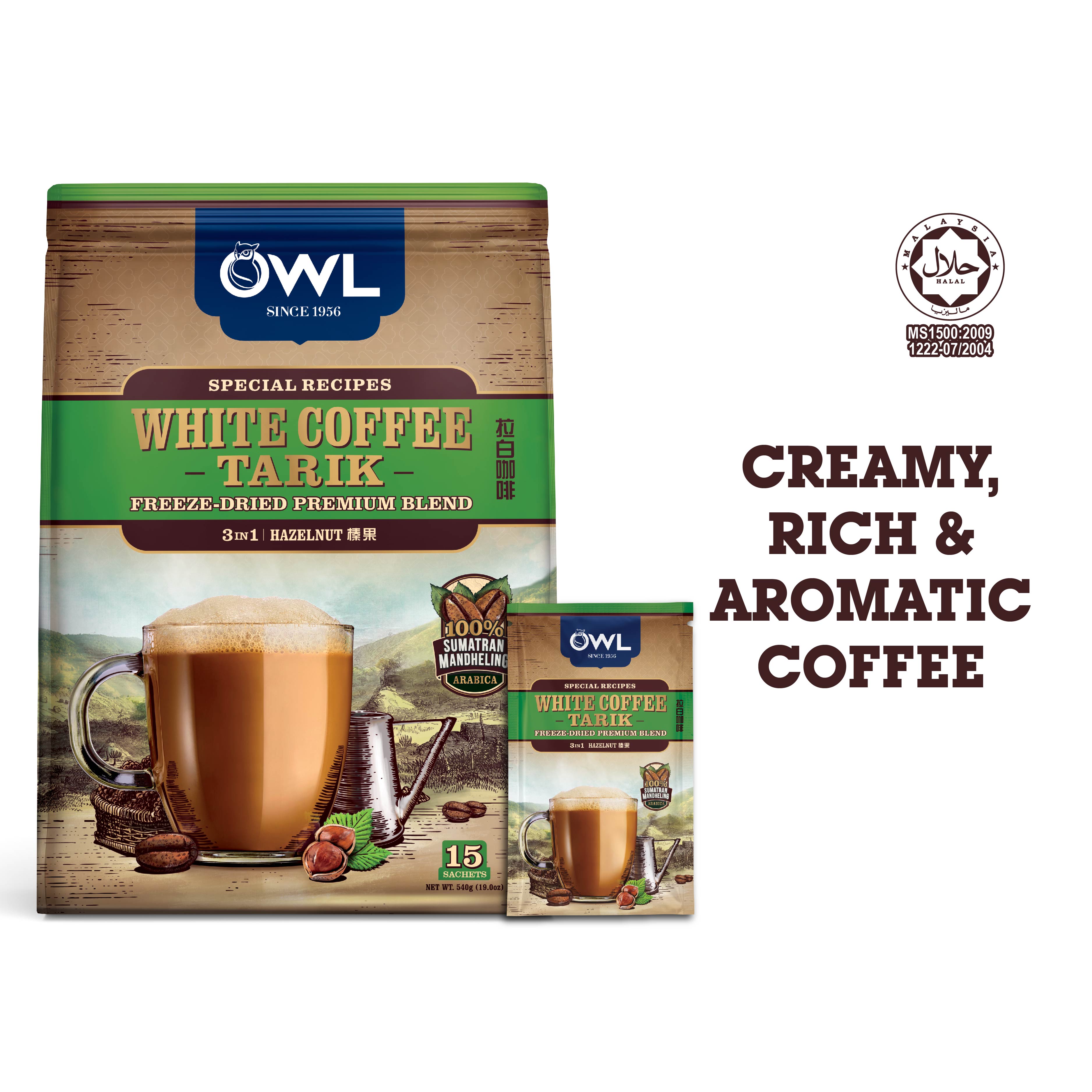 OWL 3in1 Instant White Coffee Tarik - Hazelnut, 15 sachets