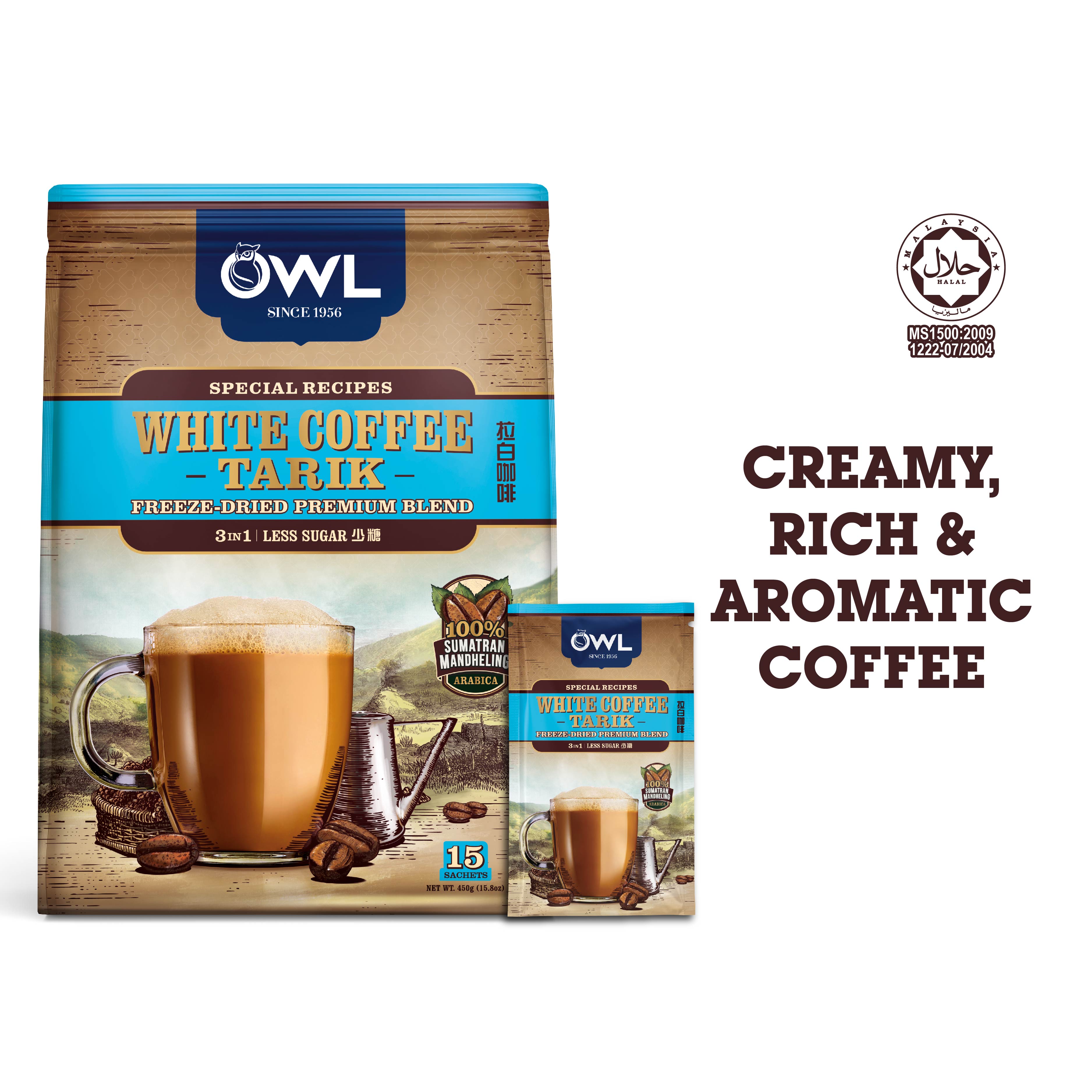 OWL 3in1 Instant White Coffee Tarik - Less Sugar, 15 sachets